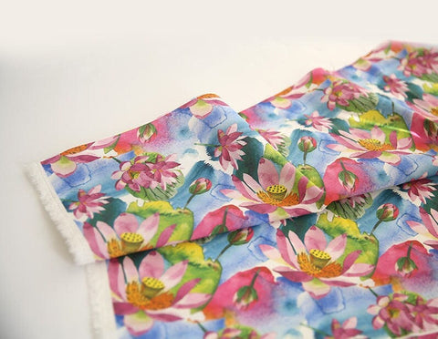 Lotus Flowers Cotton Fabric, Floral Fabric, Digital Printing, Quality Korean Fabric - Fabric By the Yard /52540