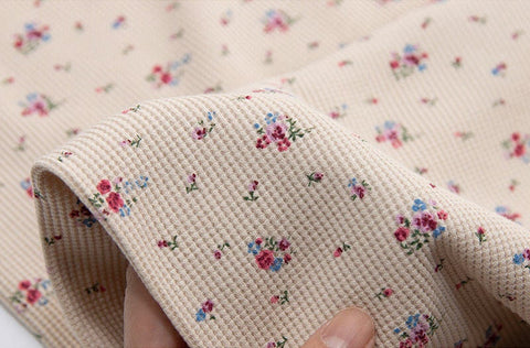 Waffle Fabric Cotton Blend, Honeycomb Floral Fabric, Flower Waffle Stretch Fabric - Ivory, Beige, Light Purple - By the Yard /54112