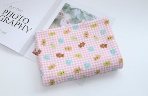 Checkered Teddy Bear and Flowers Polyester Knit Fabric - In 6 Colors- 57 Inches Wide - By the Yard / 54511