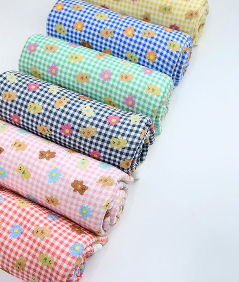Checkered Teddy Bear and Flowers Polyester Knit Fabric - In 6 Colors- 57 Inches Wide - By the Yard / 54511