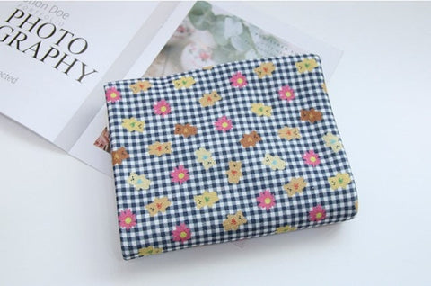 Checkered Teddy Bear and Flowers Polyester Knit Fabric - In 6 Colors- 57 Inches Wide - By the Yard / 54511