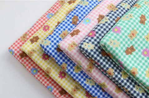 Checkered Teddy Bear and Flowers Polyester Knit Fabric - In 6 Colors- 57 Inches Wide - By the Yard / 54511