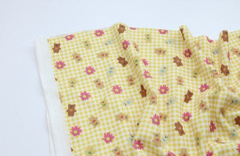 Checkered Teddy Bear and Flowers Polyester Knit Fabric - In 6 Colors- 57 Inches Wide - By the Yard / 54511