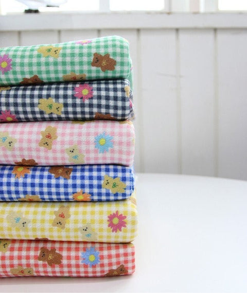 Checkered Teddy Bear and Flowers Polyester Knit Fabric - In 6 Colors- 57 Inches Wide - By the Yard / 54511