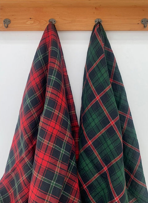 Wide Width Checkered 100% Linen Fabric, Korean Fabric - Green or Red - By the Yard / 54514