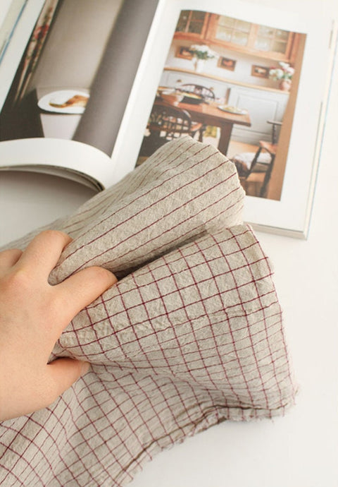Wide Width Prewashed Cotton-Linen Blend Fabric in French Red Checks or Stripes - By the Yard / 10778