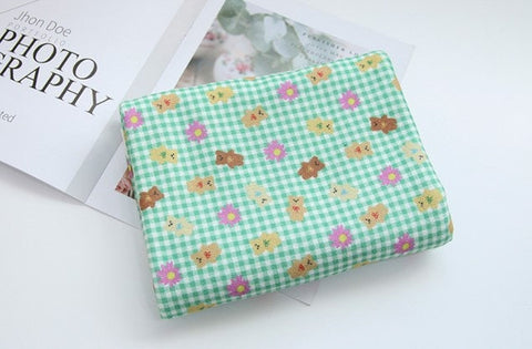 Checkered Teddy Bear and Flowers Polyester Knit Fabric - In 6 Colors- 57 Inches Wide - By the Yard / 54511