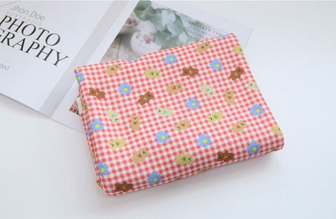 Checkered Teddy Bear and Flowers Polyester Knit Fabric - In 6 Colors- 57 Inches Wide - By the Yard / 54511