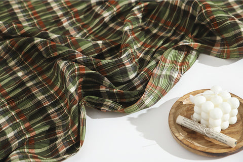 Plaid Checkered Poly Wide Width Fabric with Ribbed Wave Pleats - In Green - Quality Korean Fabric By the Yard - 53722GJ
