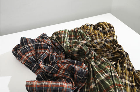 Plaid Checkered Poly Wide Width Fabric with Ribbed Wave Pleats - In Mustard - Quality Korean Fabric By the Yard - 53723GJ