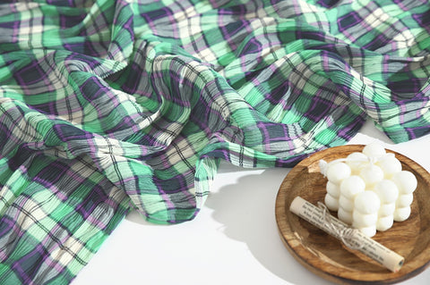 Plaid Checkered Poly Wide Width Fabric with Ribbed Wave Pleats - In Mint Green - Quality Korean Fabric By the Yard - 53725GJ