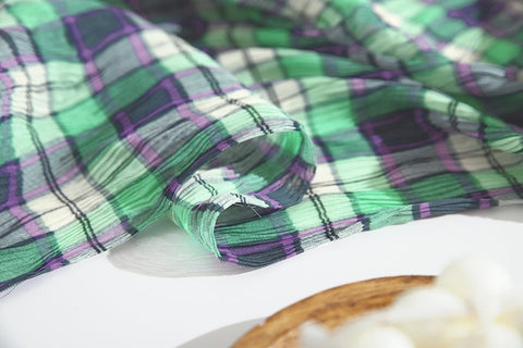 Plaid Checkered Poly Wide Width Fabric with Ribbed Wave Pleats - In Mint Green - Quality Korean Fabric By the Yard - 53725GJ