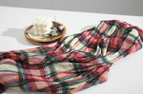 Plaid Checkered Poly Wide Width Fabric with Ribbed Wave Pleats - In Pink Check - Quality Korean Fabric By the Yard - 53727GJ