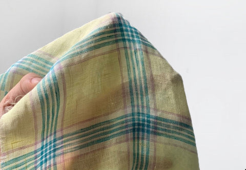 Wide Width Checkered 100% Linen Fabric, Korean Fabric - Beige, Yellow, Blue - By the Yard / 54512