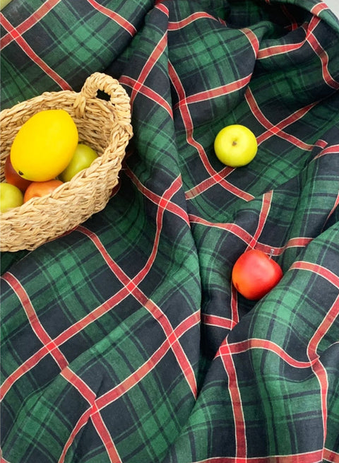 Wide Width Checkered 100% Linen Fabric, Korean Fabric - Green or Red - By the Yard / 54514