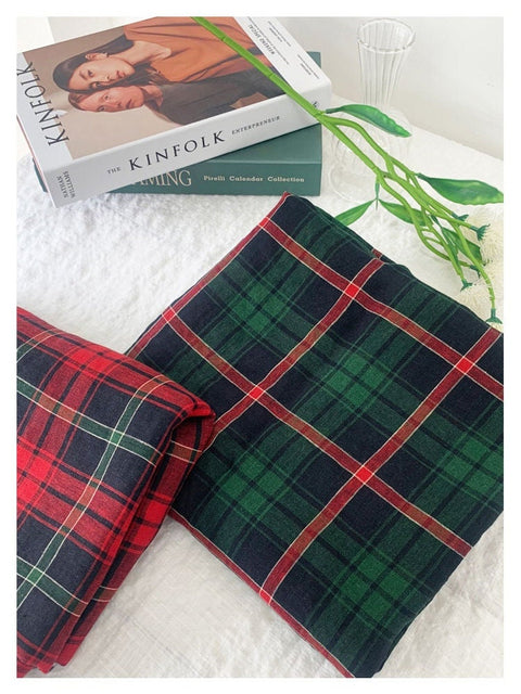 Wide Width Checkered 100% Linen Fabric, Korean Fabric - Green or Red - By the Yard / 54514