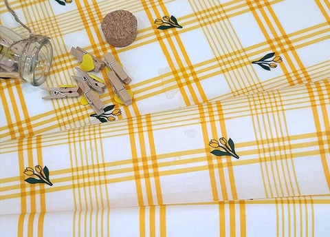 Yellow Checkered Flower Matte Laminated Cotton Waterproof Fabric - Quality Korean Fabric by the yard / 54438