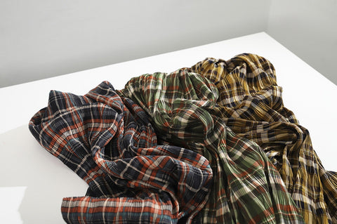 Plaid Checkered Poly Wide Width Fabric with Ribbed Wave Pleats - In Green - Quality Korean Fabric By the Yard - 53722GJ