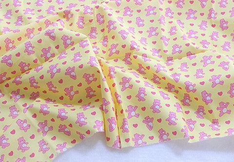 Pink Bears Cotton Fabric, Heart - White, Mint, Yellow - Animal Print Cotton Fabric, Quality Korean Fabric - Cotton Fabric By the Yard /56620