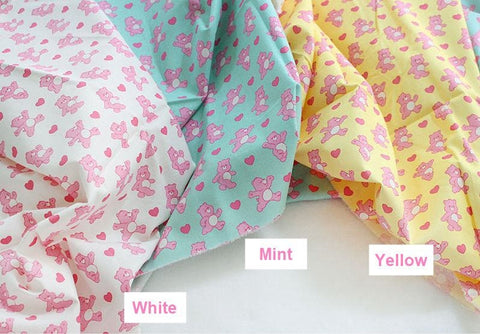 Pink Bears Cotton Fabric, Heart - White, Mint, Yellow - Animal Print Cotton Fabric, Quality Korean Fabric - Cotton Fabric By the Yard /56620