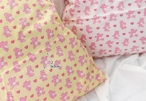 Pink Bears Cotton Fabric, Heart - White, Mint, Yellow - Animal Print Cotton Fabric, Quality Korean Fabric - Cotton Fabric By the Yard /56620