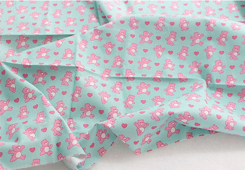 Pink Bears Cotton Fabric, Heart - White, Mint, Yellow - Animal Print Cotton Fabric, Quality Korean Fabric - Cotton Fabric By the Yard /56620