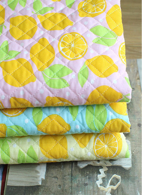 Machine Quilted Cotton Blend Fabric Fresh Lemons - Pink, Blue or Yellow - By the Yard /51661