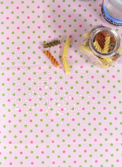 Waterproof Fabric 5 mm Green and Pink Polka Dots on Pink By the Yard 41244