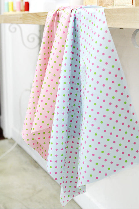 Waterproof Fabric 5 mm Green and Pink Polka Dots on Pink By the Yard 41244