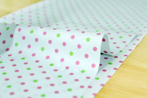 Waterproof Fabric 5 mm Green and Pink Polka Dots on Blue By the Yard 41245