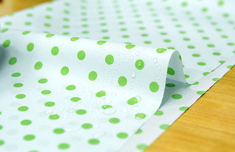 Waterproof Fabric 8 mm Green Polka Dots on Sky Blue - By the Yard 41248