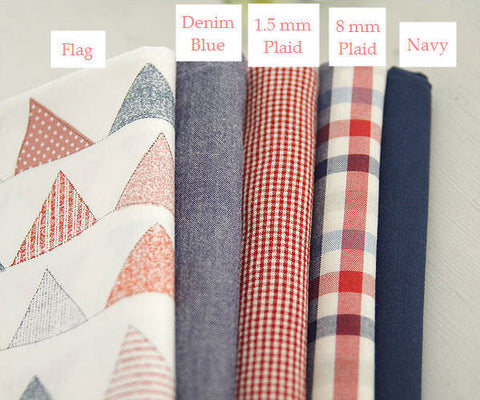 Red Blue Cotton Fabric - Bunting Flags, Solid Denim Blue, Solid Navy, Small Plaid, Big Plaid - By the Yard 56828