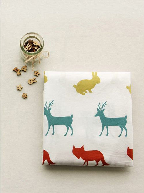 Forest Animals Cotton Fabric - Deer, Fox, Rabbit, Squirrel, Moose - By the Yard 68781