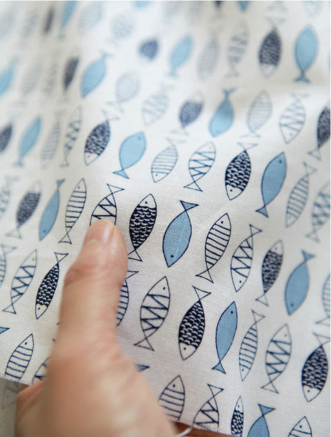 Fish Cotton Fabric - Beige, Gray or Blue - By the Yard 75547