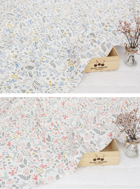 Deer and Flowers Cotton Fabric - Pink or Blue - By the Yard /79346