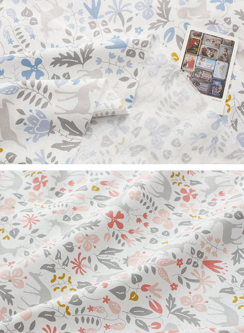 Deer and Flowers Cotton Fabric - Pink or Blue - By the Yard /79346