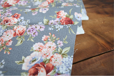 Antique Flower Oxford Cotton Fabric - Blue Gray - By the Yard 5894-2